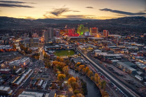 Reno skyline and river at sunset